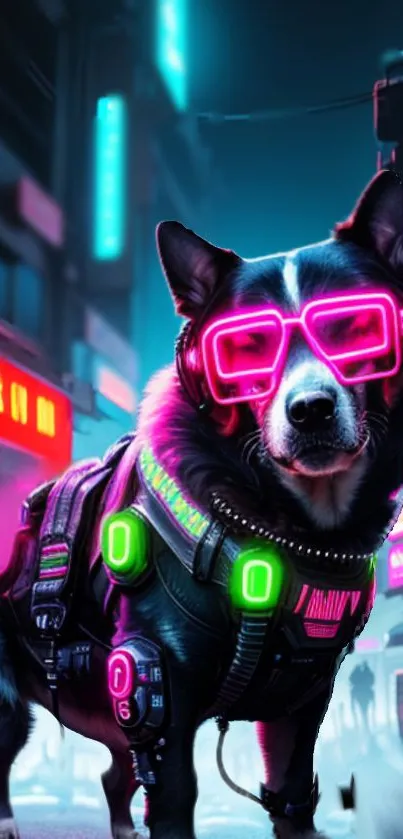 A cyberpunk dog wearing neon glasses in a vibrant cityscape.