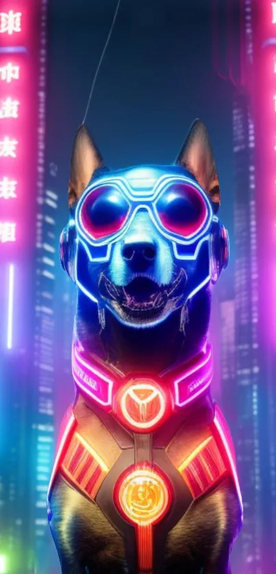 Cyberpunk dog with neon glasses in vibrant cityscape.