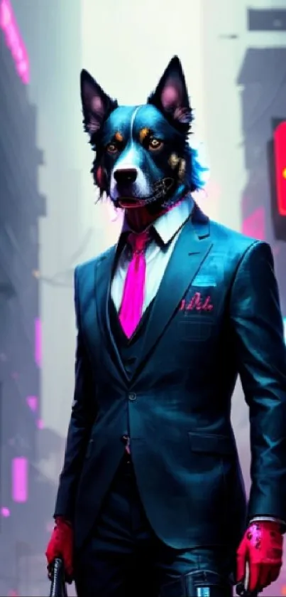 Cyberpunk dog in a suit under neon city lights.