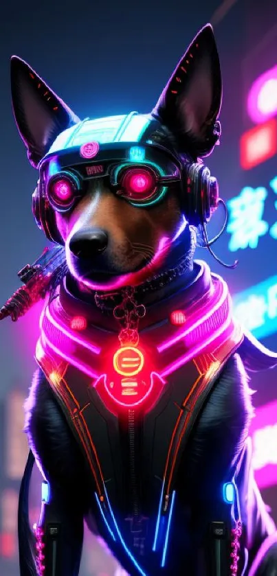 Cyberpunk dog with neon gear in futuristic city background.