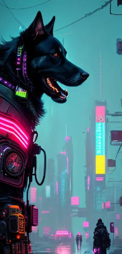 Cyberpunk dog in neon-lit futuristic cityscape.