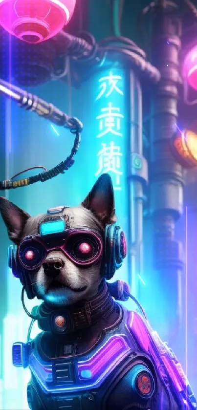 Neon cyberpunk dog in a futuristic setting with city lights.