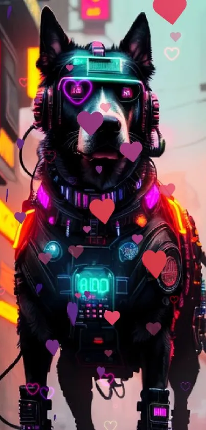 Futuristic cyberpunk dog with neon lights and hearts.