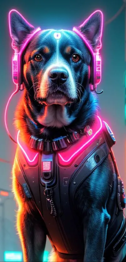 Cyberpunk dog with neon lights in a futuristic cityscape wallpaper.