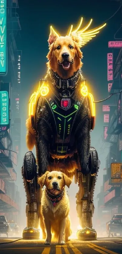 Futuristic cyberpunk scene with neon-lit robotic dogs in a city street.