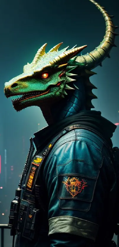 Dragon-headed figure in cyberpunk cityscape wallpaper.