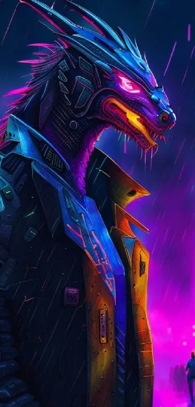 Cyberpunk dragon in neon-lit cityscape.