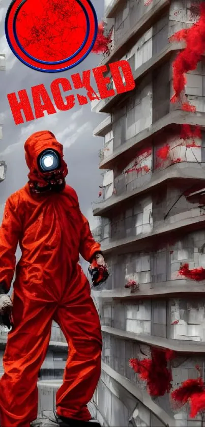 Cyberpunk dystopian scene with red-suited figure.