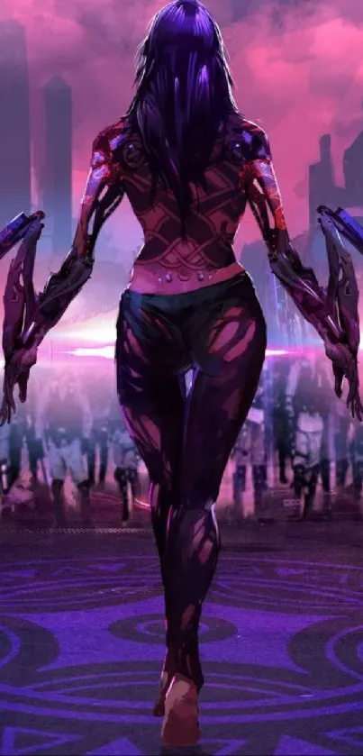 Cyberpunk warrior in a futuristic cityscape, featuring vibrant purple hues.