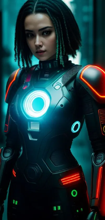 Futuristic female android with neon lights in a cyberpunk cityscape.