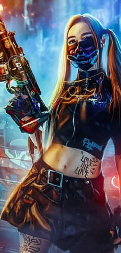 Vibrant cyberpunk female warrior with futuristic gun.