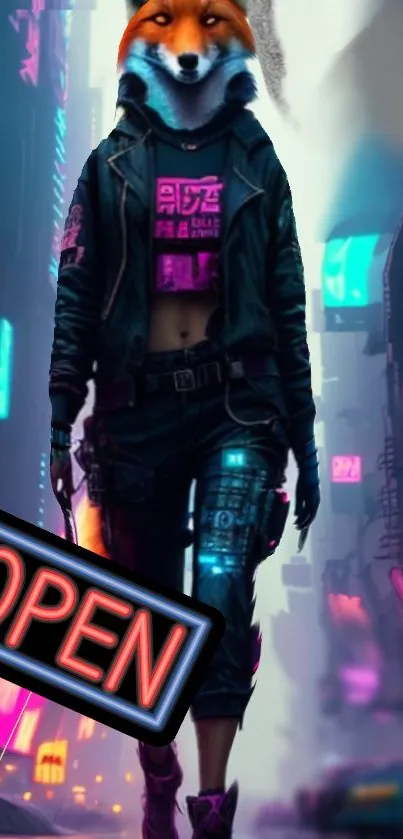 Fox-headed figure in neon cyberpunk cityscape wallpaper.