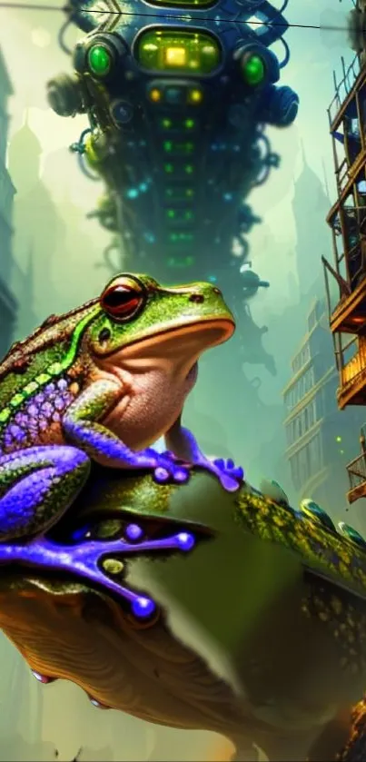 Colorful tree frog in a cyberpunk cityscape.