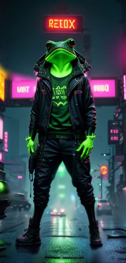 Cyberpunk frog standing in a neon-lit city street, vibrant and futuristic.