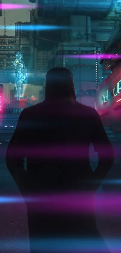 Silhouette in a vibrant cyberpunk city with neon lights.