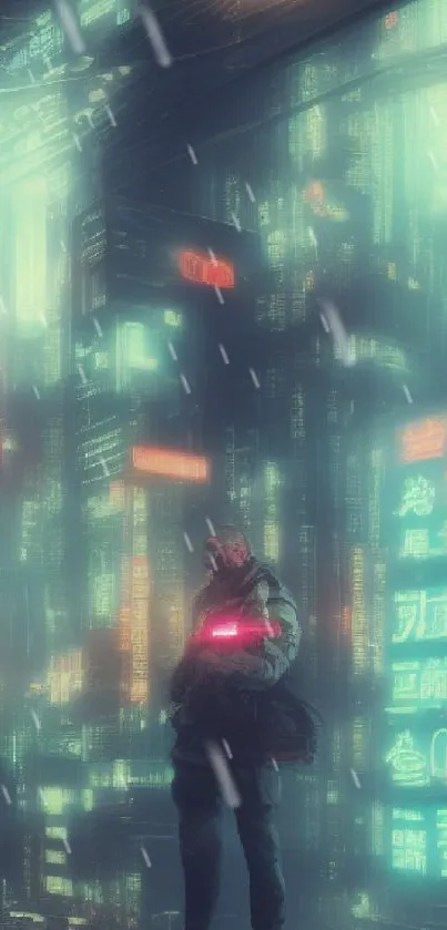 Lone figure stands amidst neon-lit cyberpunk city.