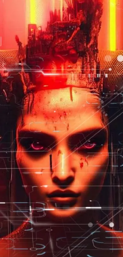 Cyberpunk humanoid with neon red glow in futuristic art wallpaper.