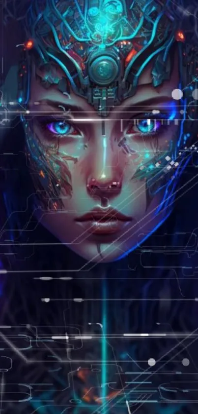 Cyberpunk futuristic art with glowing blue hues.