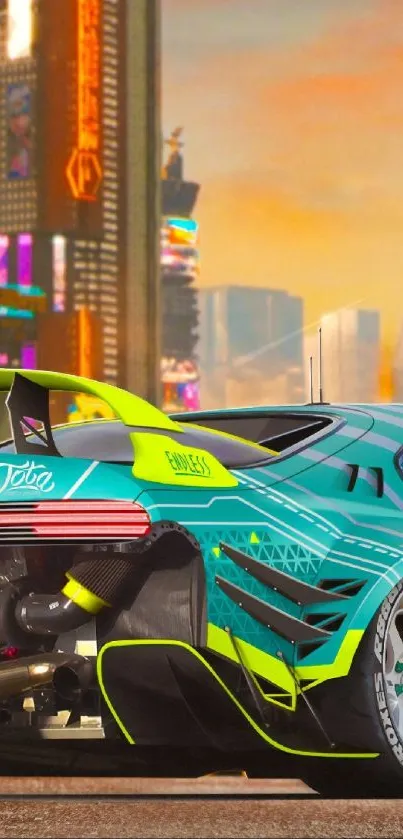 Futuristic car in a vibrant cyberpunk cityscape with neon colors.