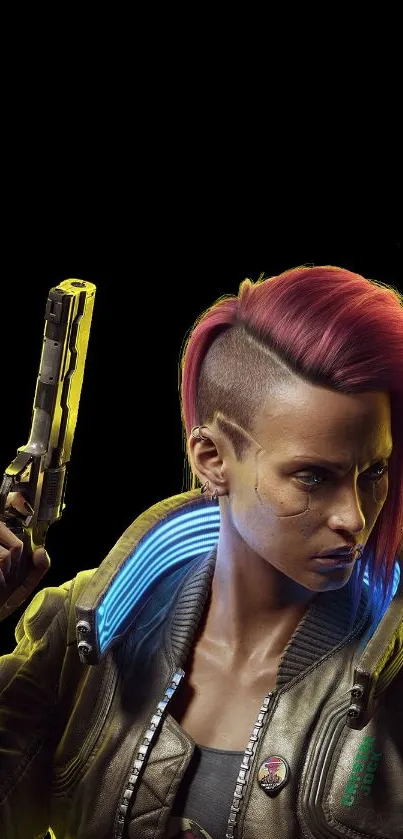 Cyberpunk character with neon highlights on dark backdrop.