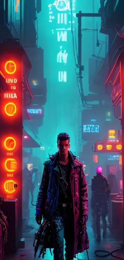 A cyberpunk street with neon lights and a futuristic atmosphere.