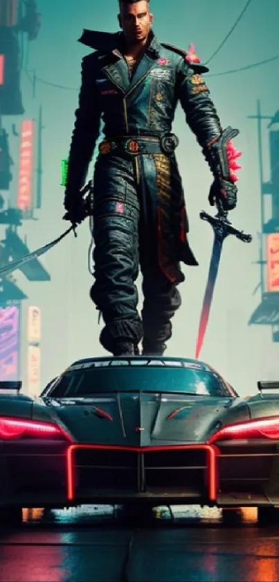 Warrior stands atop car in cyberpunk city at night with neon lights.