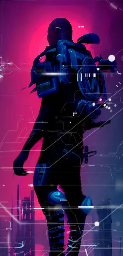 Silhouette of a figure in futuristic city with neon magenta background.