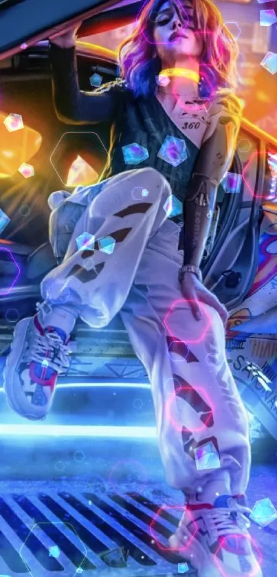 Futuristic cyberpunk style with neon lights and urban fashion.