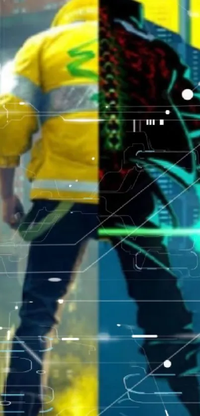 Futuristic cyberpunk mobile wallpaper with neon yellow and blue hues.