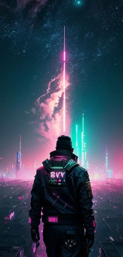 Futuristic cyberpunk wallpaper with neon lights and cityscape.