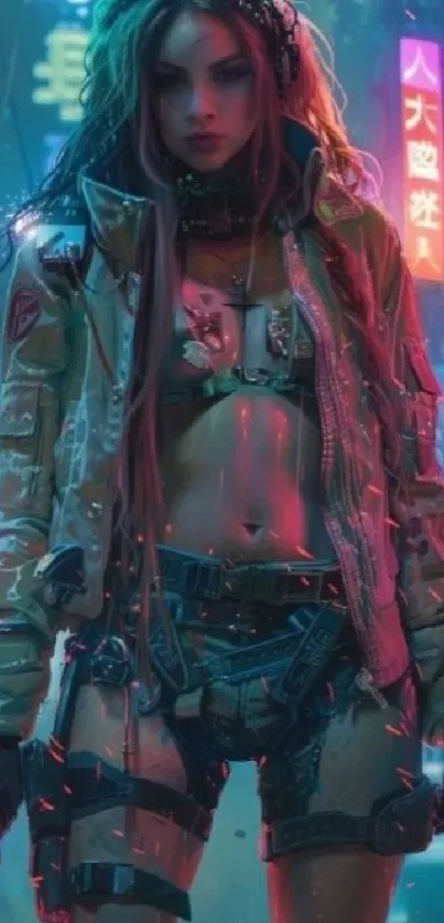 Cyberpunk character with neon city background.