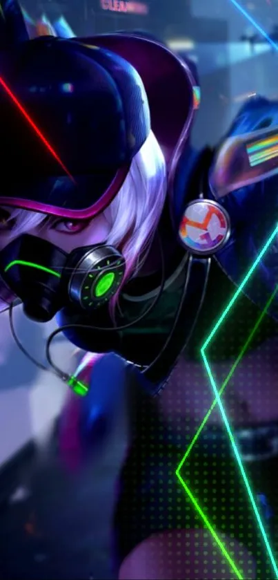 Futuristic cyberpunk wallpaper with neon lights and a masked character.