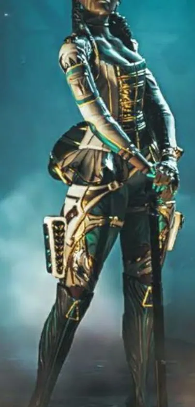 Cyberpunk warrior with teal background.