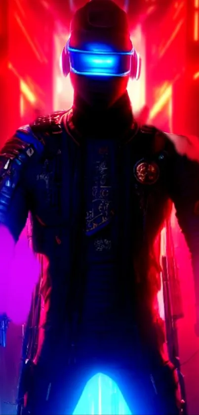 Futuristic cyberpunk warrior with neon lights in a vibrant sci-fi setting.