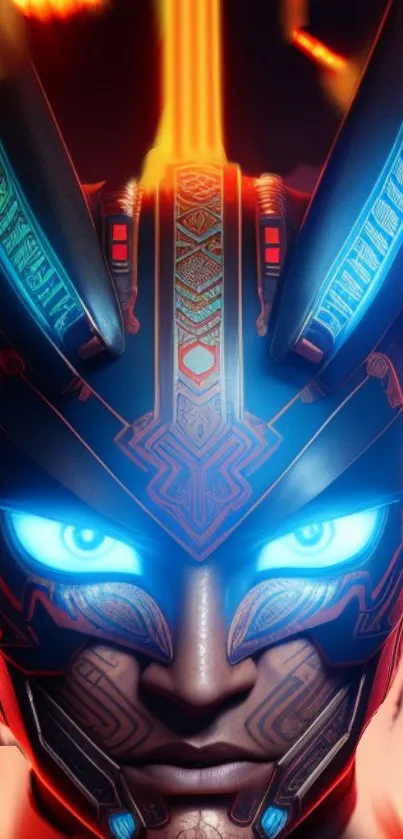 Futuristic warrior with neon blue glow and intricate cyberpunk design.