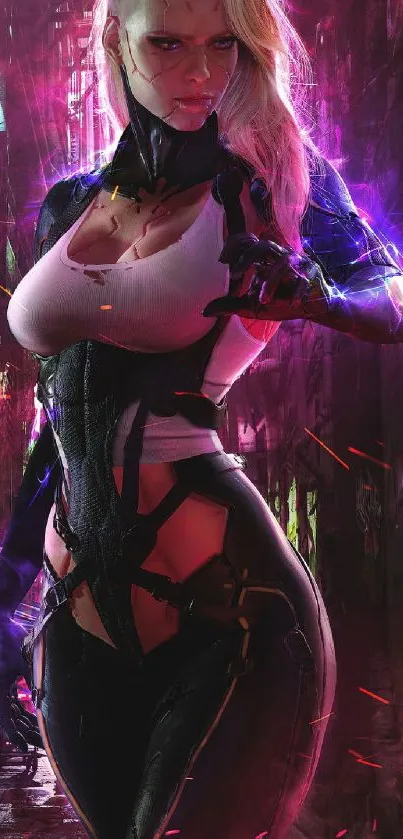 Futuristic woman with neon lights in a cyberpunk cityscape.