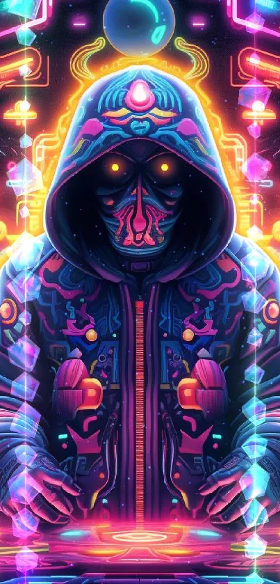 Neon cyberpunk gamer in vibrant hues with futuristic symbols.