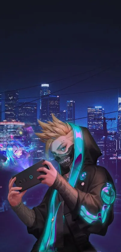 Cyberpunk gamer art with cityscape and neon lights.