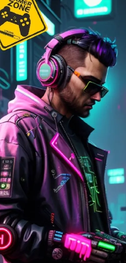 Cyberpunk gamer in neon cityscape wallpaper with headphones.