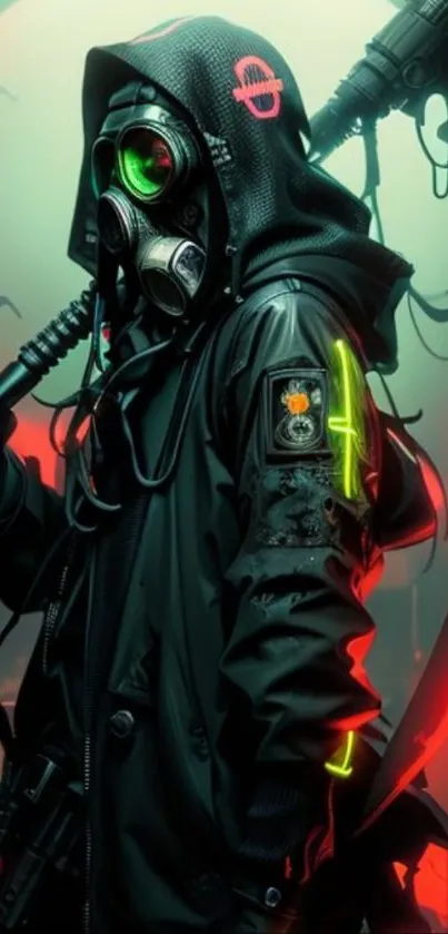 Cyberpunk artwork with hooded figure and gas mask, featuring neon green and red lights.