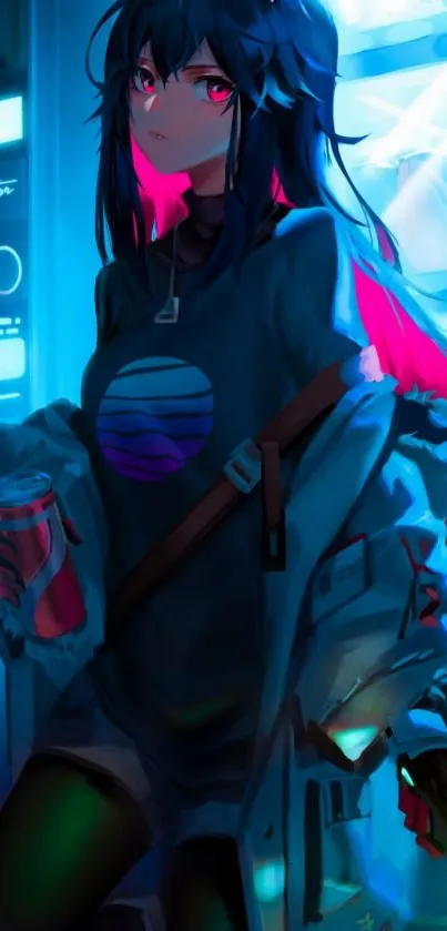 Cyberpunk girl in neon blue and pink, vivid anime art wallpaper.