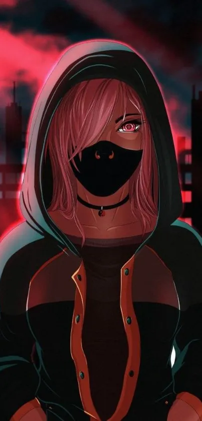 Cyberpunk girl against cityscape in dark, pink neon tones.