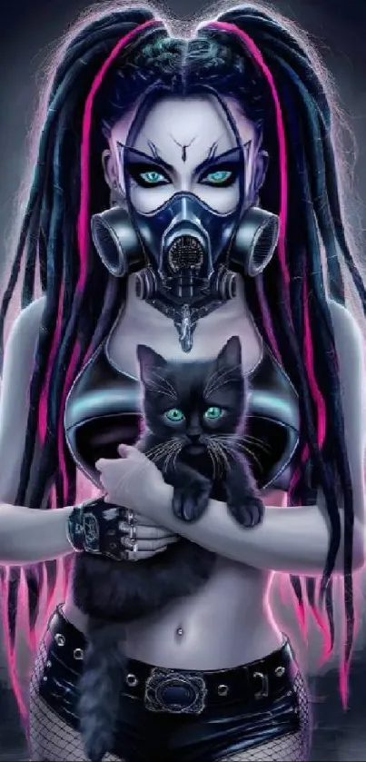 Cyberpunk girl with black cat in neon glow.