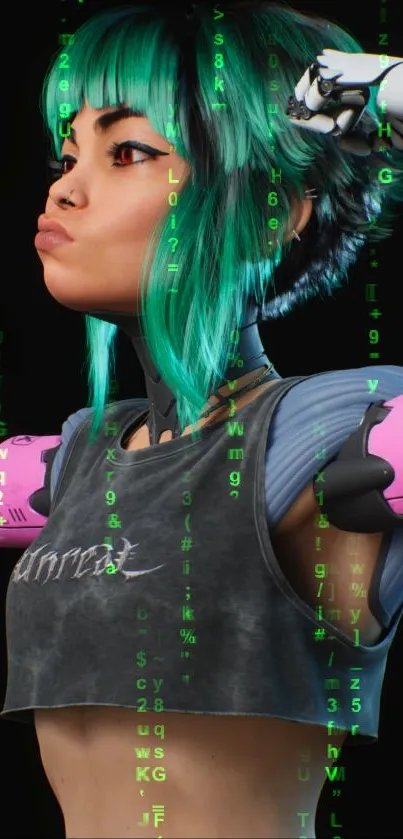 Cyberpunk girl with neon hair and robotic arms in digital code.