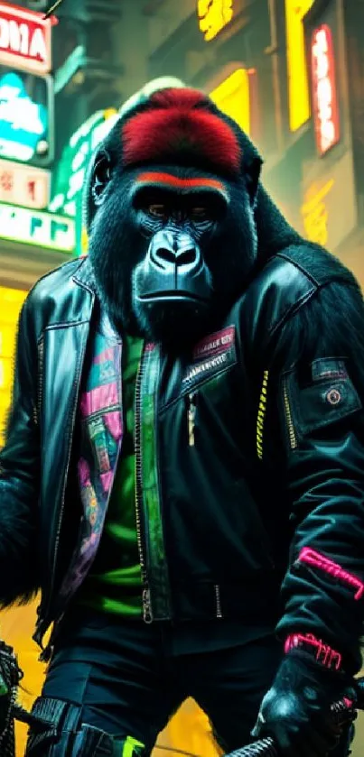 Cyberpunk gorilla in vibrant neon cityscape with glowing signs.