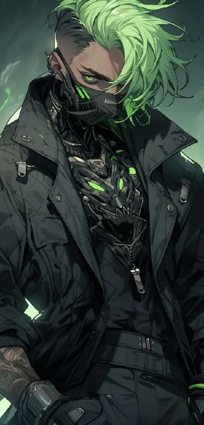 Cyberpunk warrior with neon green hair and futuristic outfit.
