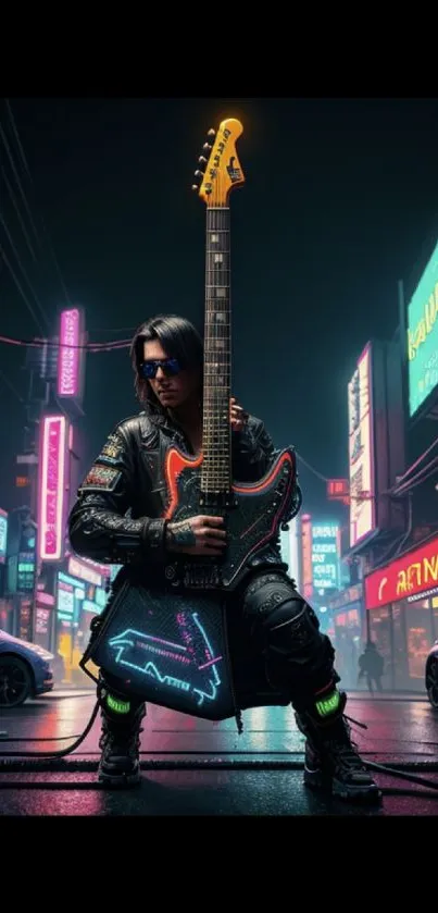 Futuristic guitarist in neon city street, cyberpunk style wallpaper.