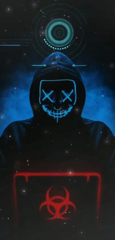Cyberpunk hacker with neon blue and red elements in digital art wallpaper.