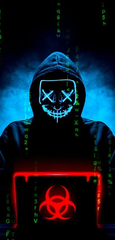 Hooded figure with neon and biohazard laptop design.