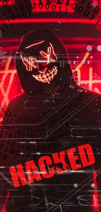 Masked hacker figure with neon lights and digital code background.